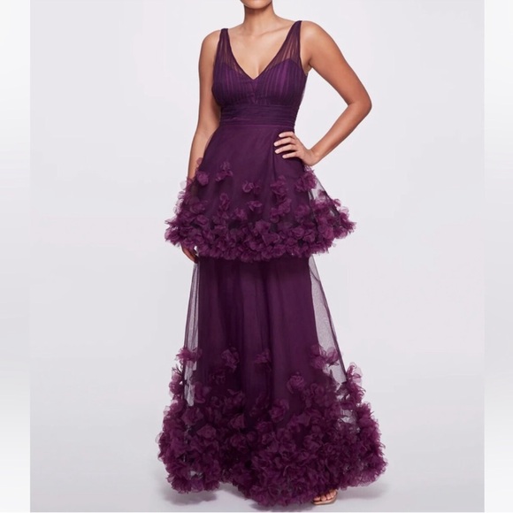 NWT Marchesa Notte Tiered 3D Floral Tulle Purple Aubergine  Gown Size 14 - Picture 5 of 16